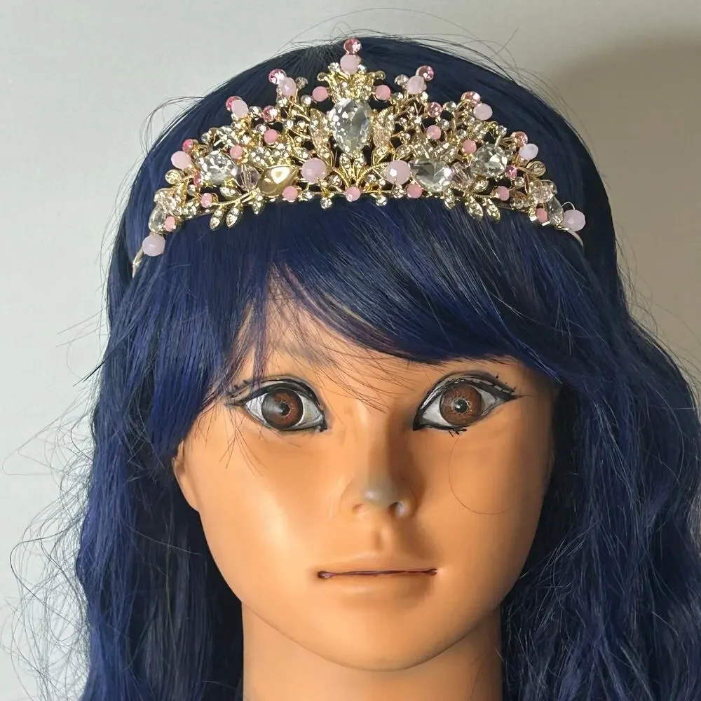 Gold Tone Pink Rhinestone Tiara Floral Princess Crown Bridal Prom Costume
